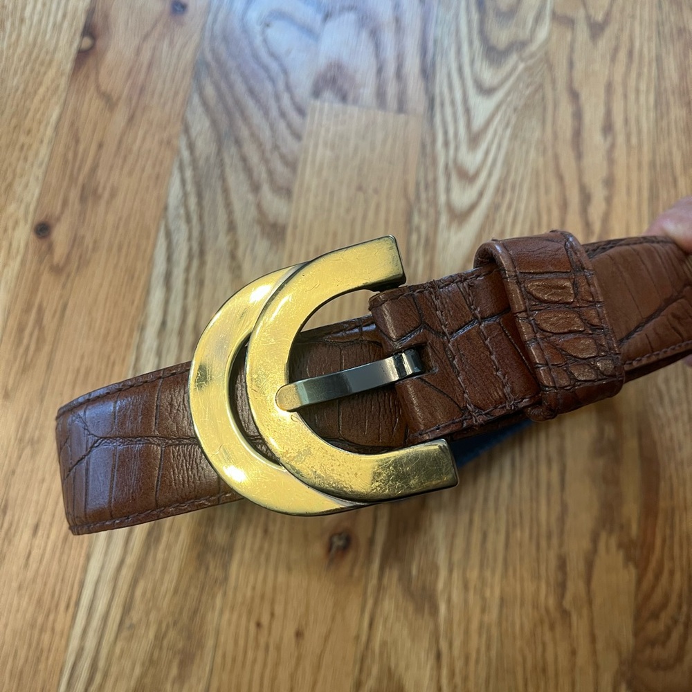 Liz Claiborne Brown Croc-Embossed Leather Belt with Gold Buckle